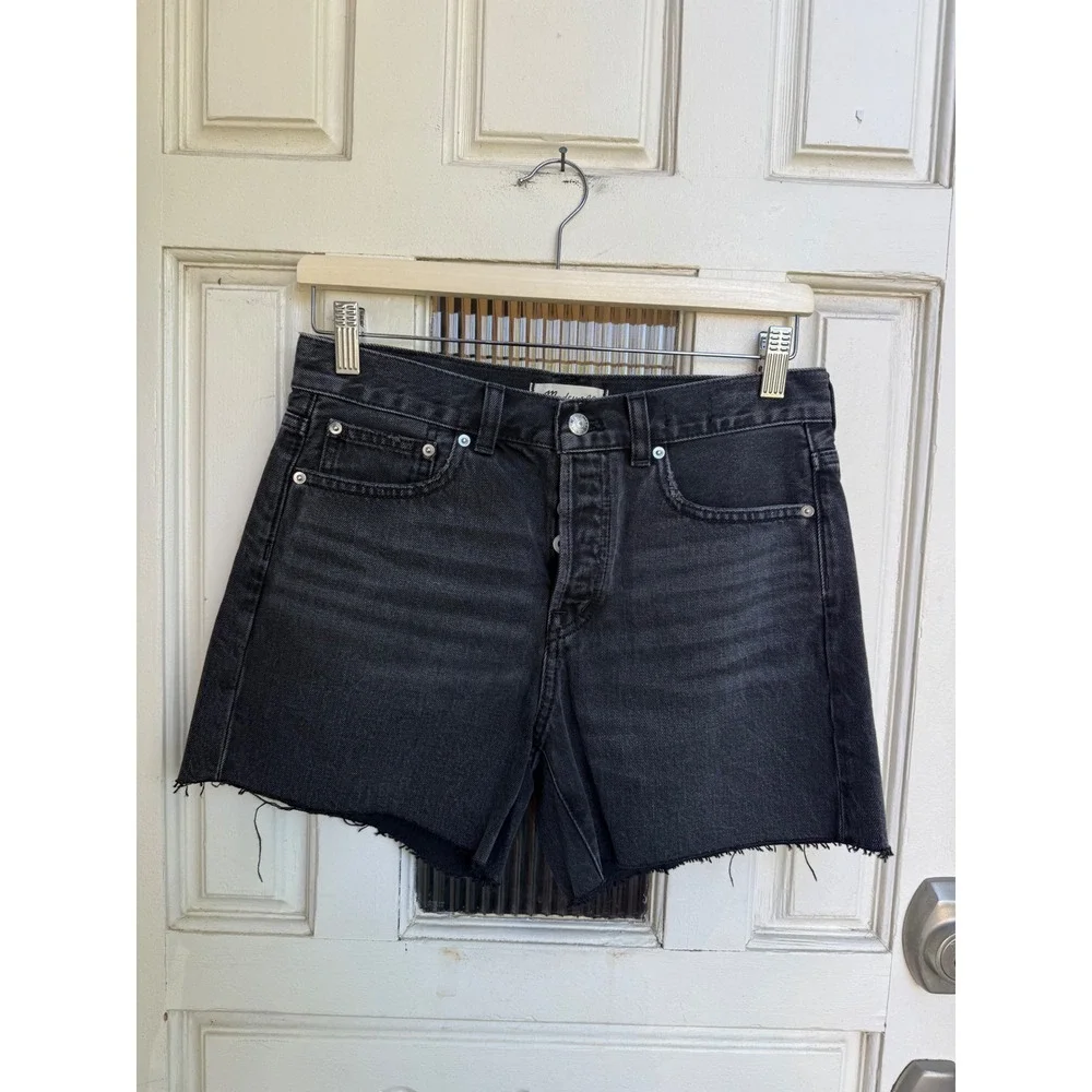 Madewell The Brynn Long Short Black Denim Cutoff Shorts Button Fly Size 25